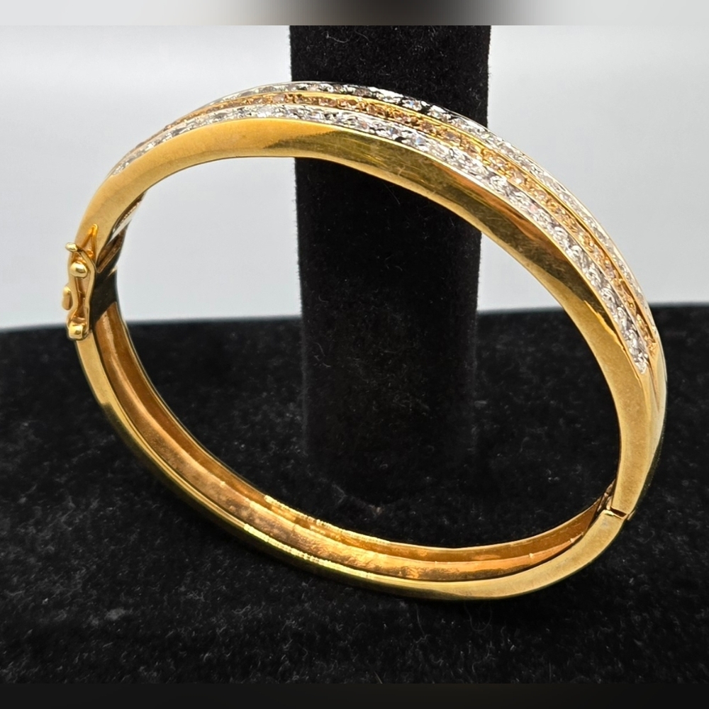 Hinged Bangle Bracelet Bi-tone Metal with Clear Glass Crystals Sz 6½ - 7